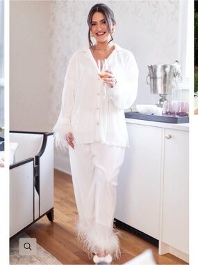 Feather Trim White Pajama Set - Women's Intimates